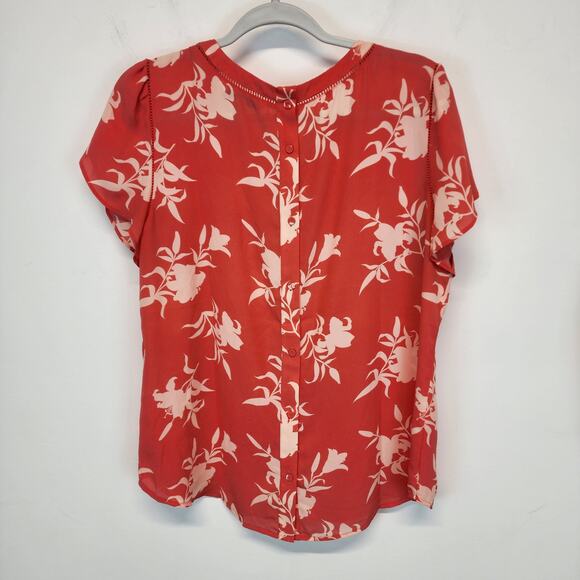 41Hawthorn Floral Ruffle Sleeve Blouse Size L Eyelet Neck Chiffon Flowy Office - Picture 2 of 7